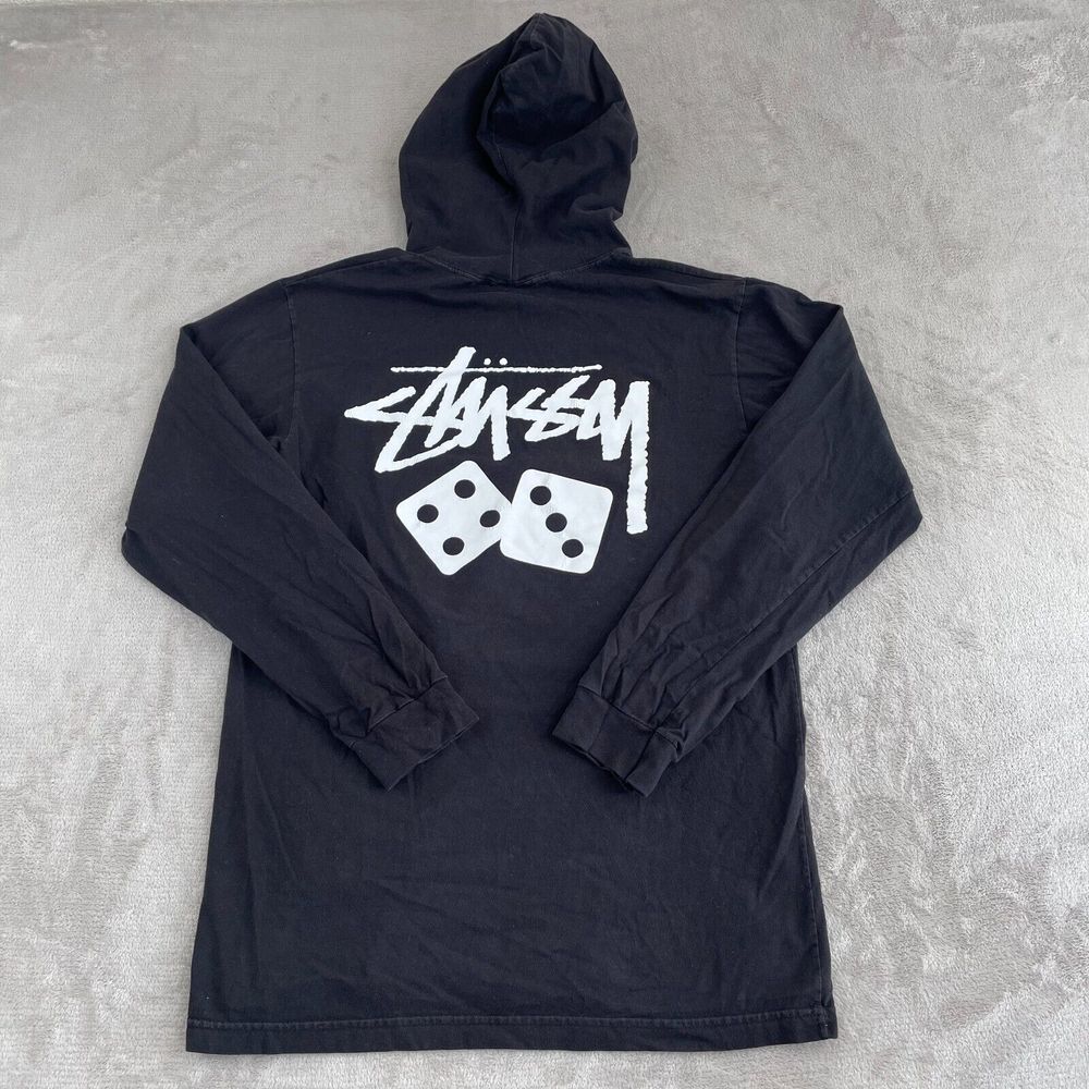 Stussy Dice Hooded T Shirt Men Large Black Double-Sided Graffitti StreetWear